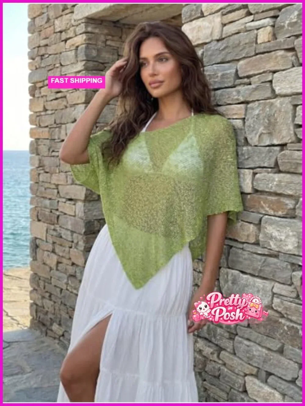 Sheer Crochet Knit Poncho Beach Cover Up Cape Top Dolman Sleeves